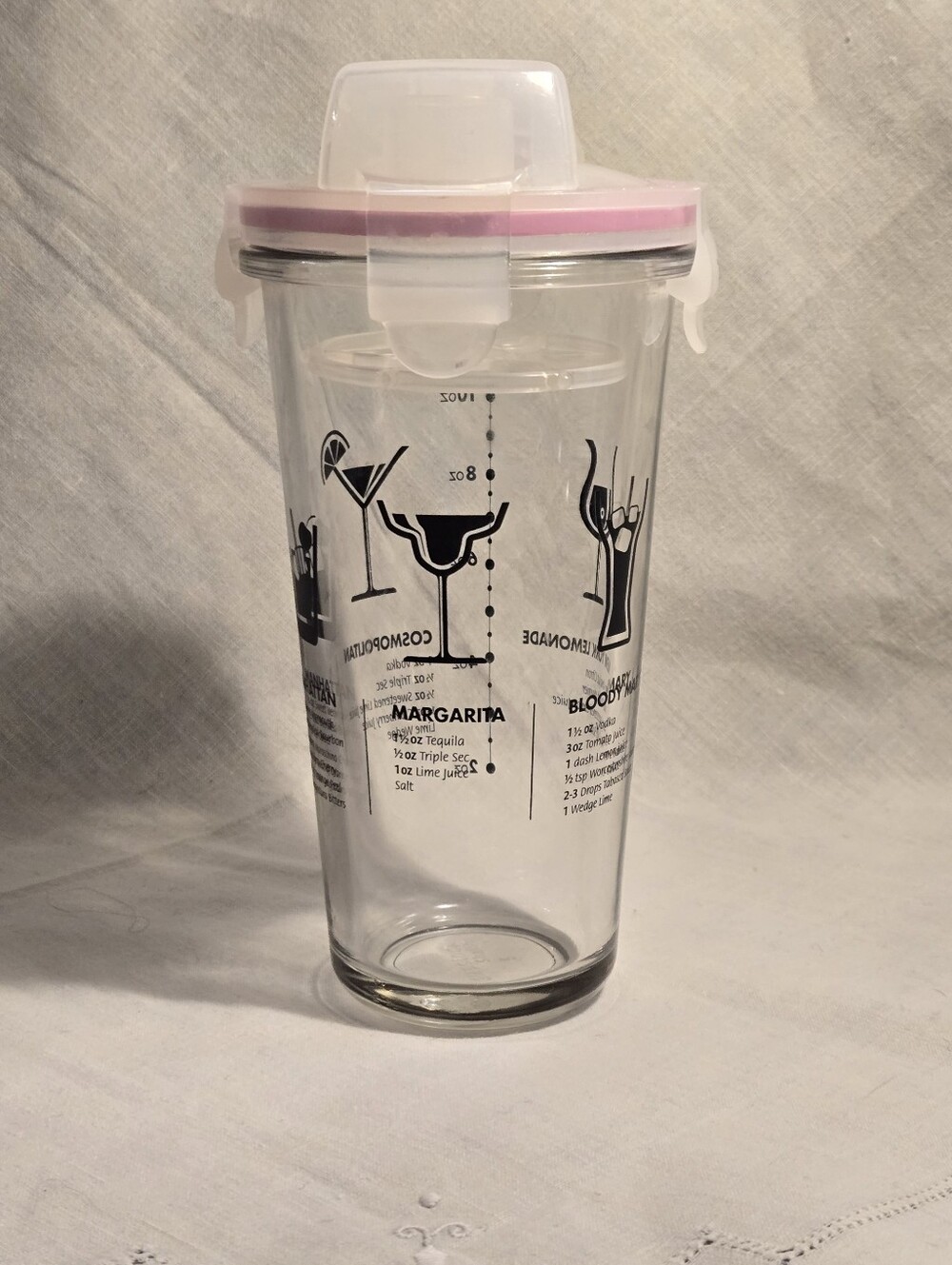 Glasslock Vintage Pink-Lid Cocktail Shaker Tumbler with Recipe Prints.